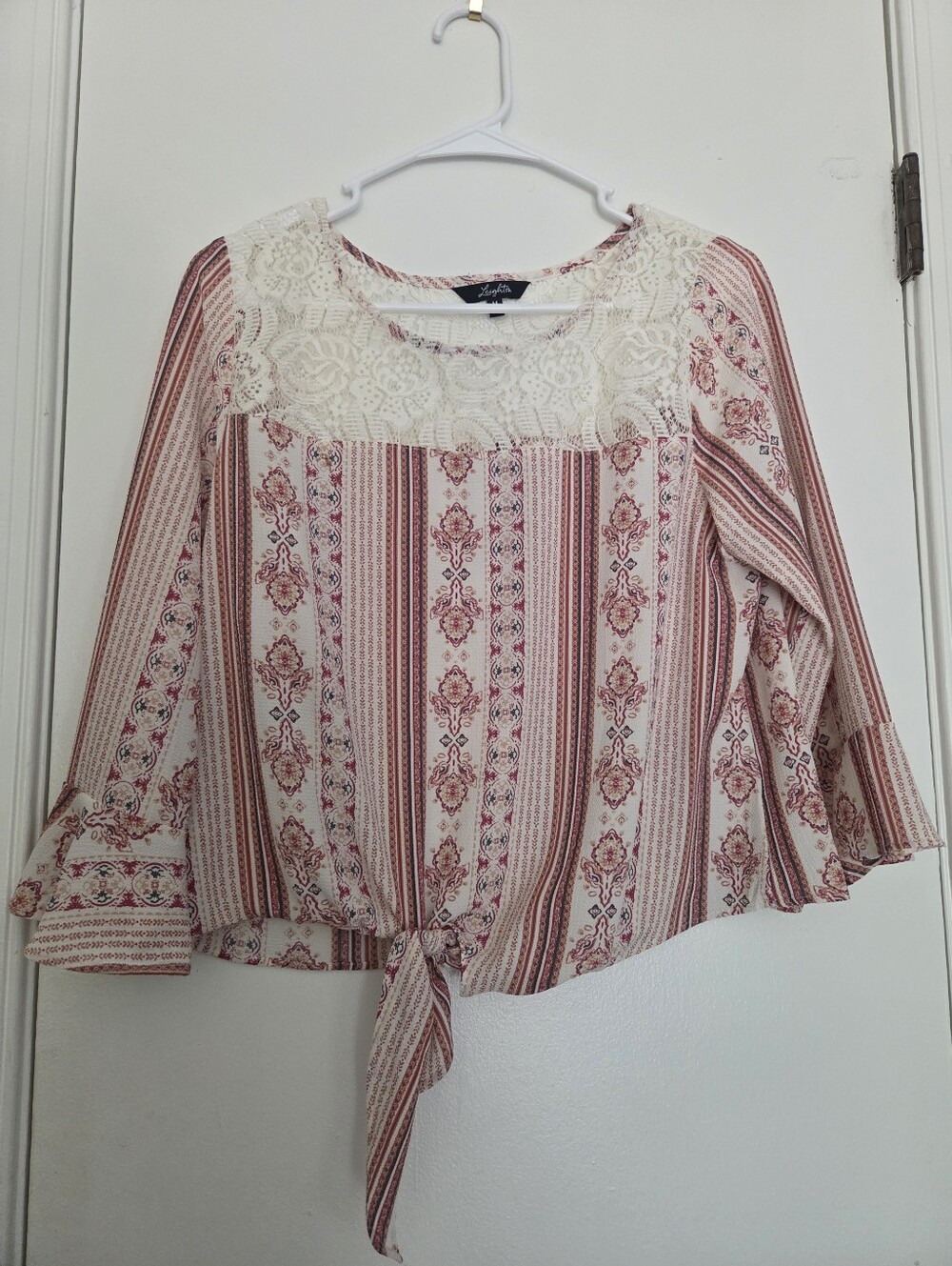 Leighton M Ivory Red Boho Lace Yoke Bell Sleeve Tie Front Top